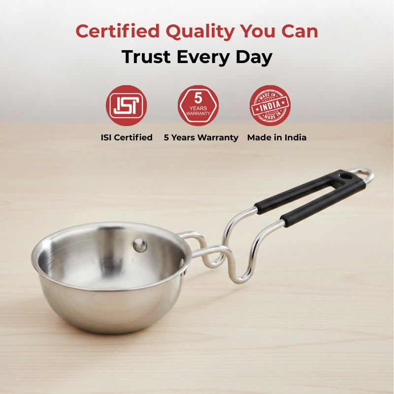 Vinod Claro heavy gauge stainless steel plain tadka pan, 1.5 mm, certification and warranty details