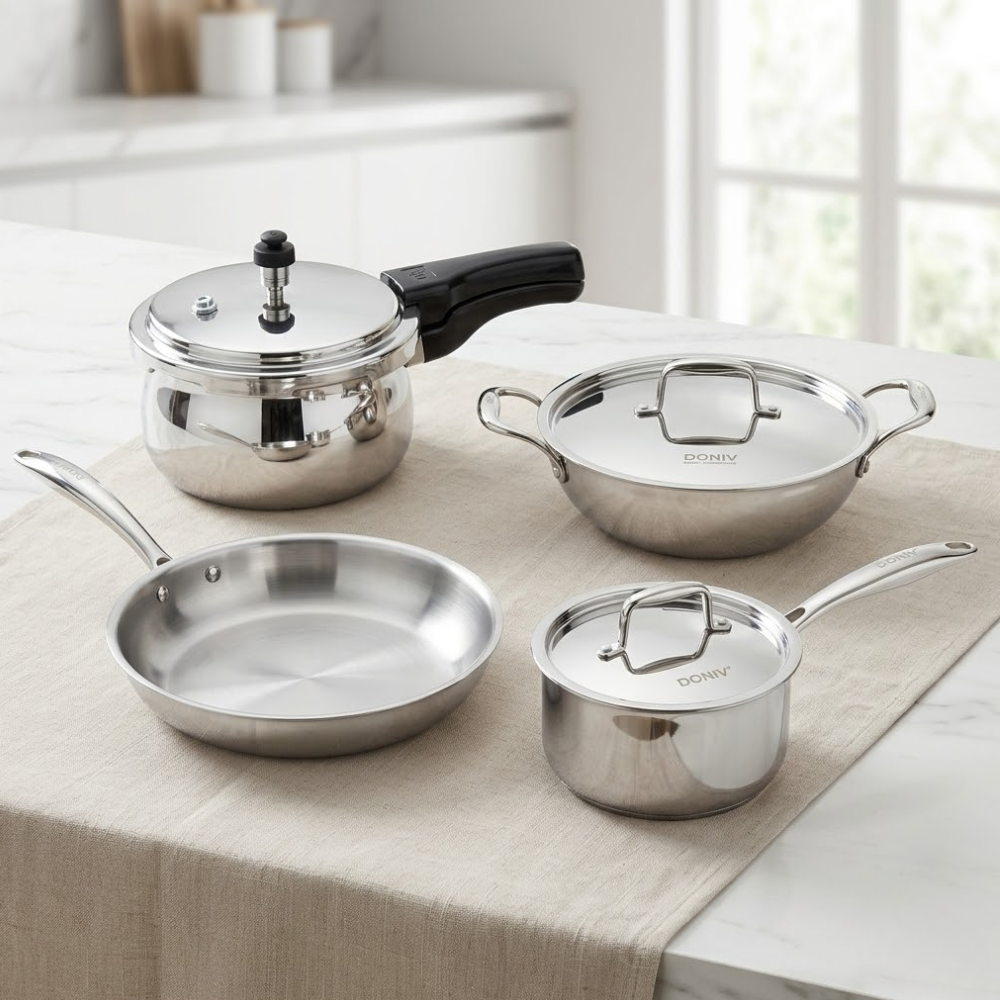 Vinod Doniv Titanium Triply stainless steel 4 piece large cookware set, full set group shot