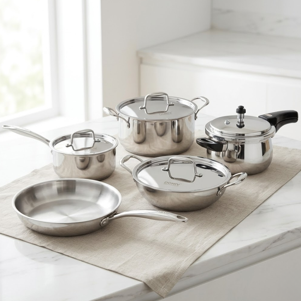 Vinod Doniv Titanium Triply stainless steel 5 piece cookware set, full set group shot