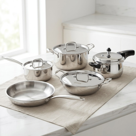 Vinod Doniv Titanium Triply stainless steel 5 piece cookware set, full set group shot