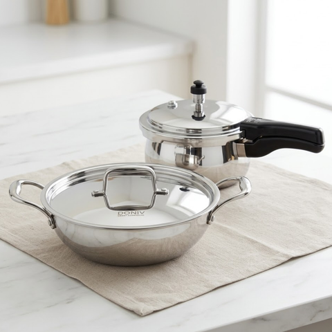 Vinod Doniv Titanium Triply stainless steel 2 piece set, 3 litre pressure cooker and 5 litre kadhai, full set group shot