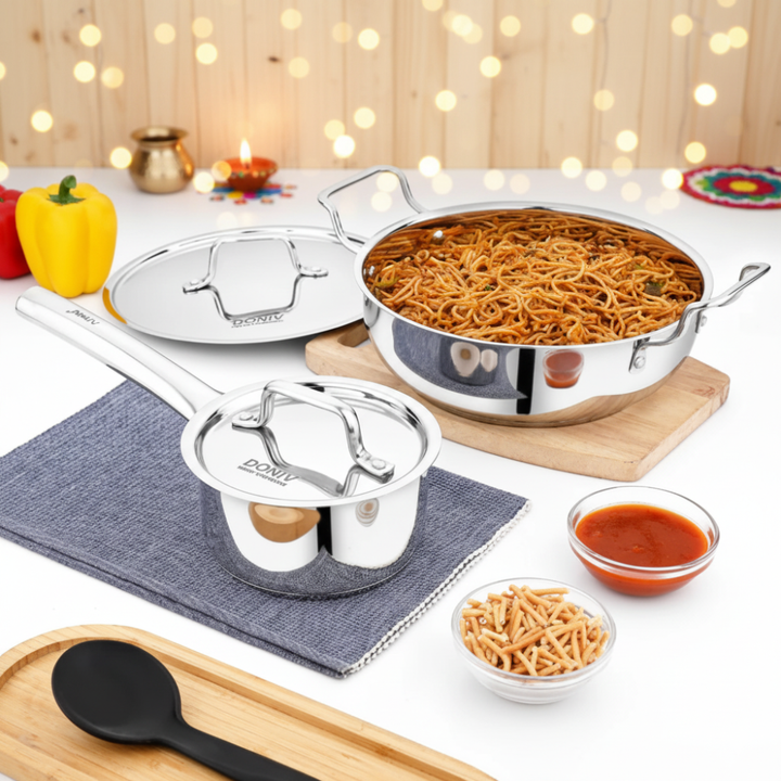 Vinod – Doniv 2 Piece Majestic Sandwich Bottom Cookware Set, 1 Piece Sauce Pan with lid 14 cm &#038; 1 Piece Kadhai with Lid 24 cm