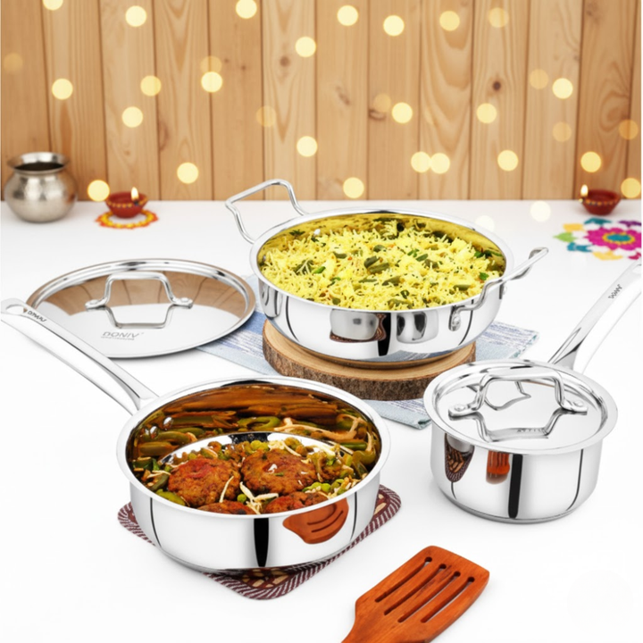 Vinod – Doniv 3 Piece Majestic Sandwich Bottom Cookware Set, 1 Piece Kadhai with Lid 24 cms, 1 Piece Sauce Pan with Lid 14 cms &#038; 1 Piece Fry Pan 20 cms