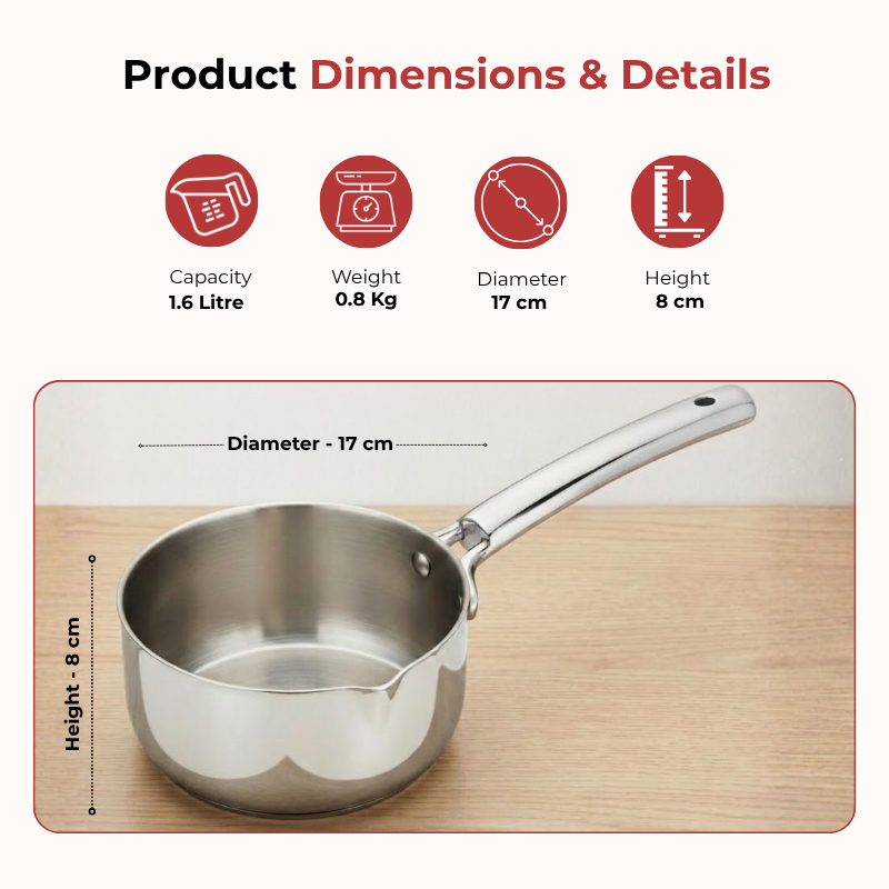 VINOD Doniv Titanium Triply Stainless Steel Milk Pan 16 cms, Capacity 1.60 Liter