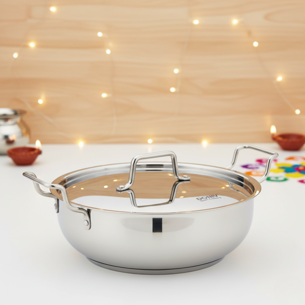 Vinod – Doniv Stainless Steel Sandwich Majestic Bottom Kadai with Steel Lid (3.2 Liter/24 cms) – Induction Friendly