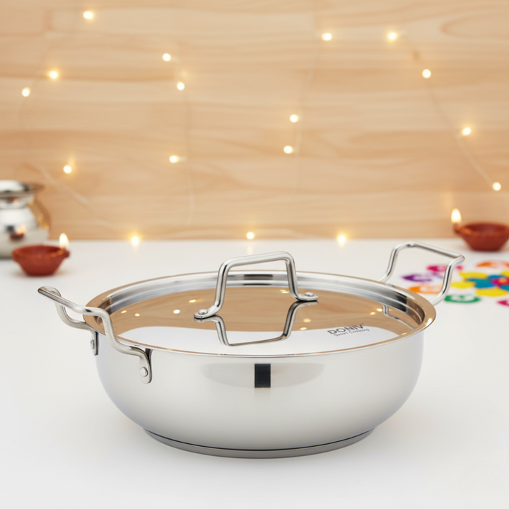 Vinod – Doniv Stainless Steel Sandwich Majestic Bottom Kadai with Steel Lid (3.2 Liter/24 cms) – Induction Friendly