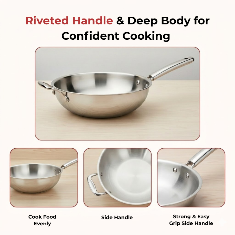 VINOD Doniv Titanium Triply Stainless Steel Wok with Side Handle 28 cms, Capacity 4.00 Liter