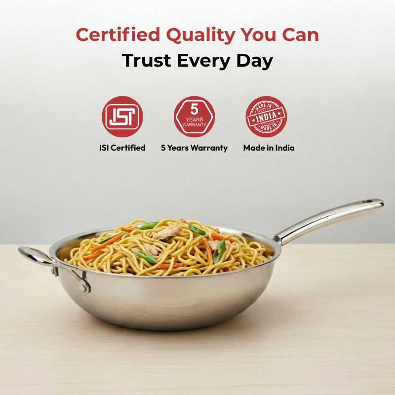 VINOD Doniv Titanium Triply Stainless Steel Wok with Side Handle 28 cms, Capacity 4.00 Liter