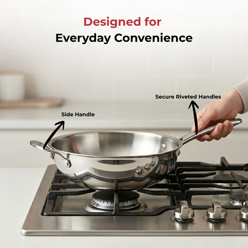 VINOD Doniv Titanium Triply Stainless Steel Wok with Side Handle 28 cms, Capacity 4.00 Liter