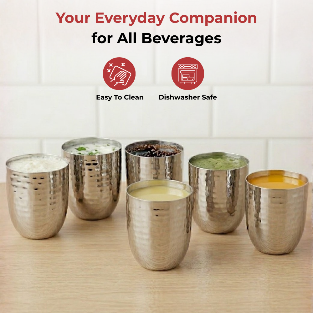 Vinod stainless steel premium hammered glass set of 6, 300 ml, top view