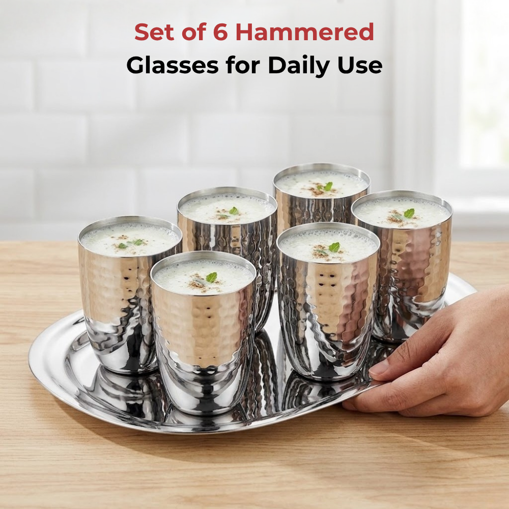 Vinod stainless steel premium hammered glass set of 6, 300 ml, angled view