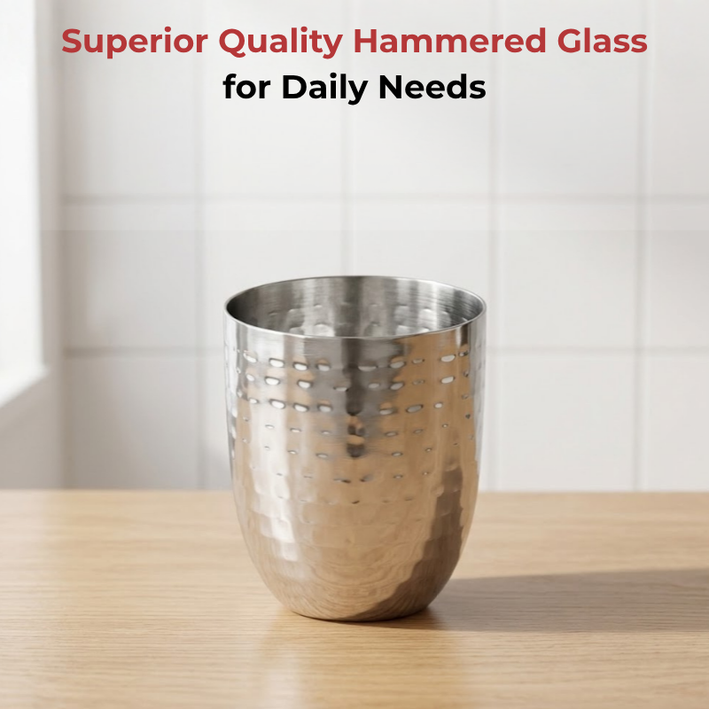 VINOD Stainless Steel Premium Hammered Glass Set of 6 - 300 ml with High Grade Stainless Steel, Long Lasting & Durable, Rust Free