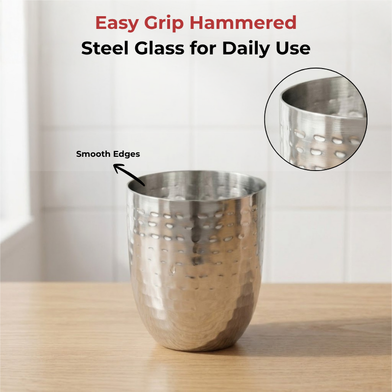 VINOD Stainless Steel Premium Hammered Glass Set of 6 - 300 ml with High Grade Stainless Steel, Long Lasting & Durable, Rust Free