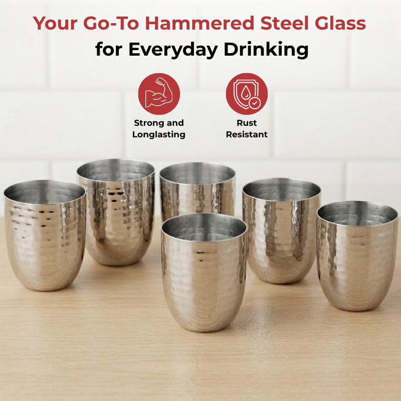VINOD Stainless Steel Premium Hammered Glass Set of 6 - 300 ml with High Grade Stainless Steel, Long Lasting & Durable, Rust Free