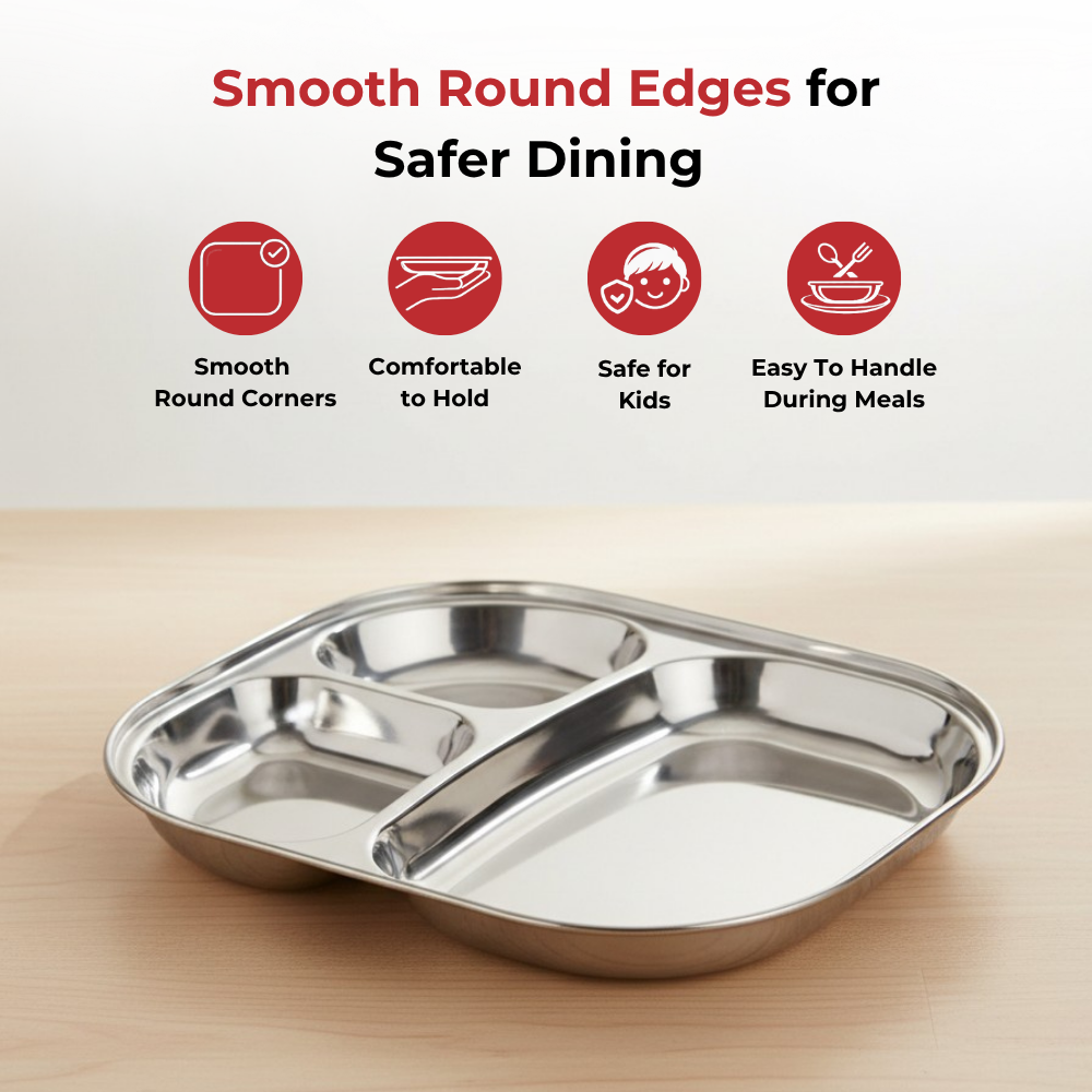 Vinod stainless steel 3 compartment plate with round edges, lunch / dinner plate [pack of 2], top view