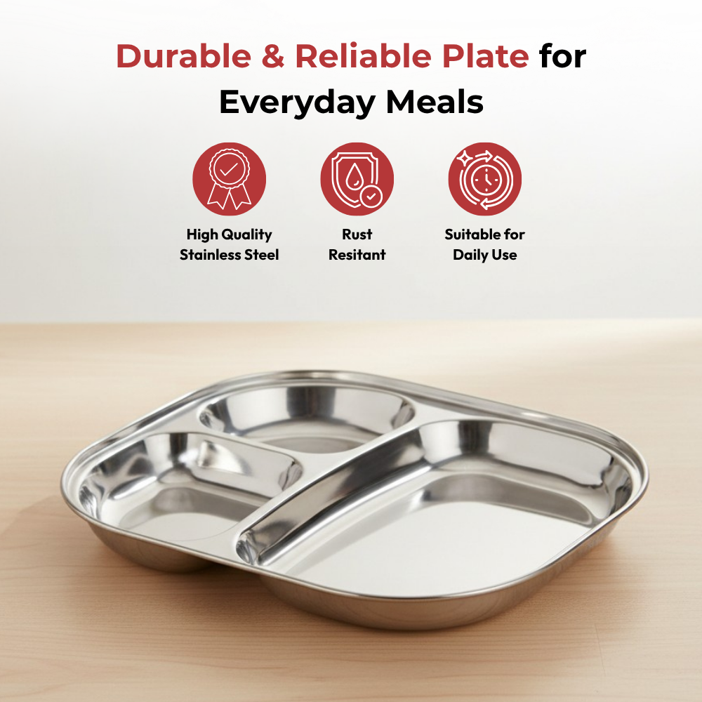 Vinod stainless steel 3 compartment plate with round edges, lunch / dinner plate [pack of 2], angled view