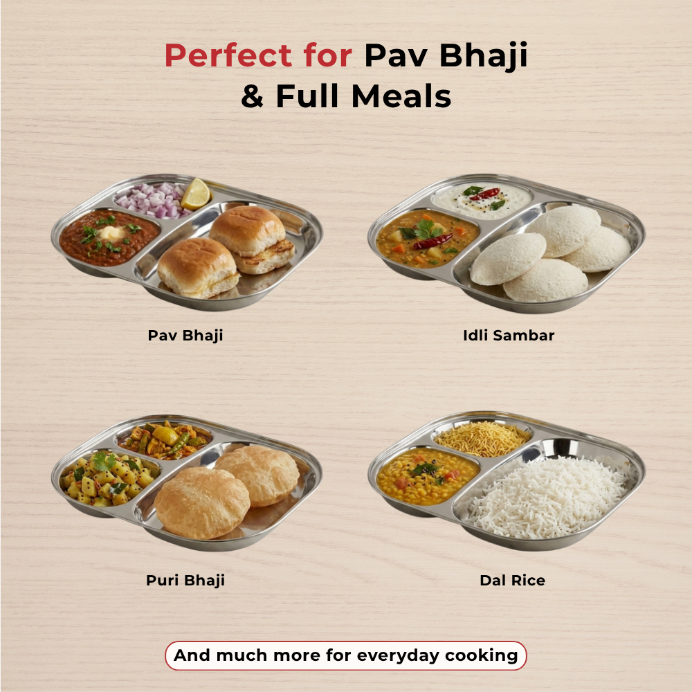 Vinod stainless steel 3 compartment plate with round edges, lunch / dinner plate [pack of 2], product view 13