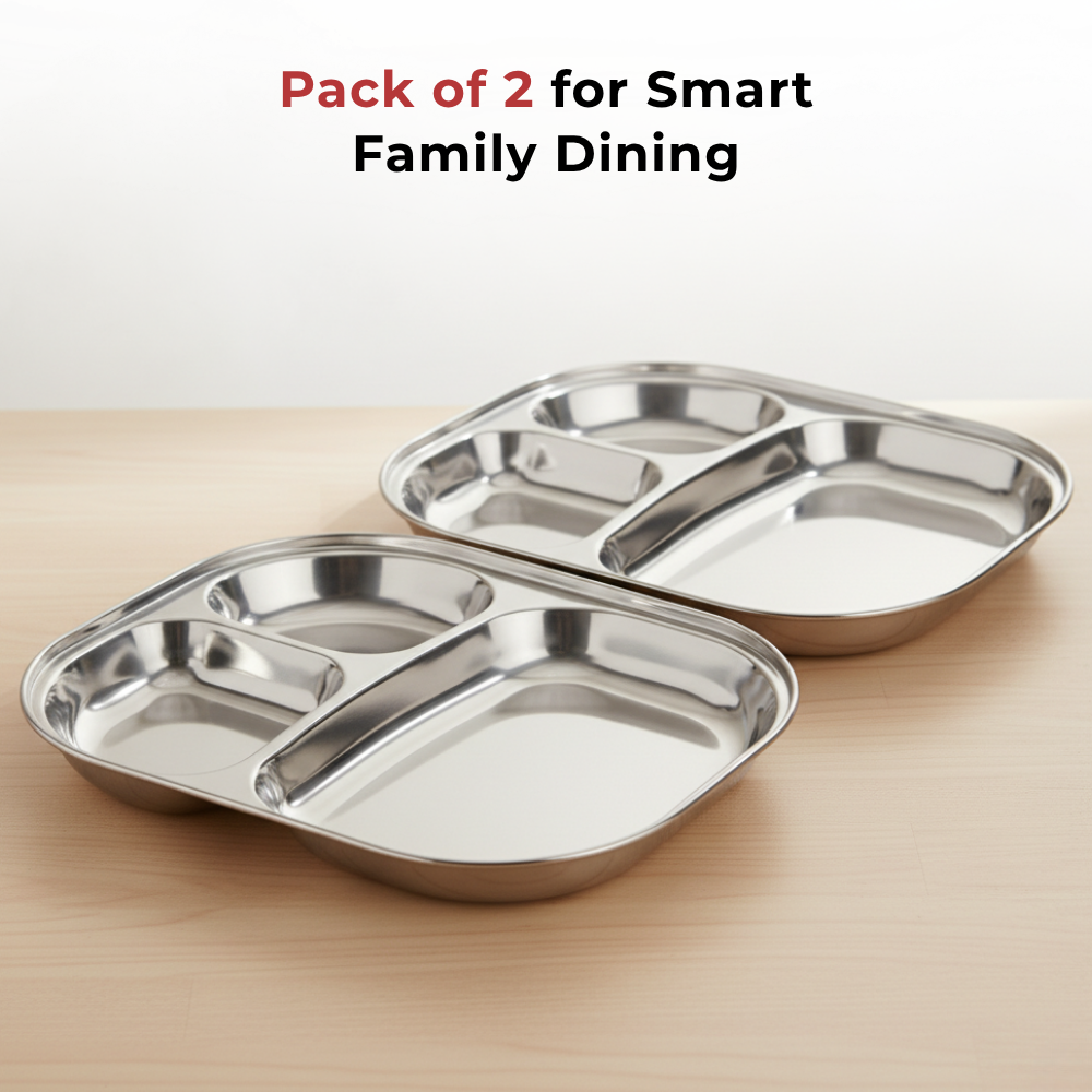 Vinod stainless steel 3 compartment plate with round edges, lunch / dinner plate [pack of 2], product view 9