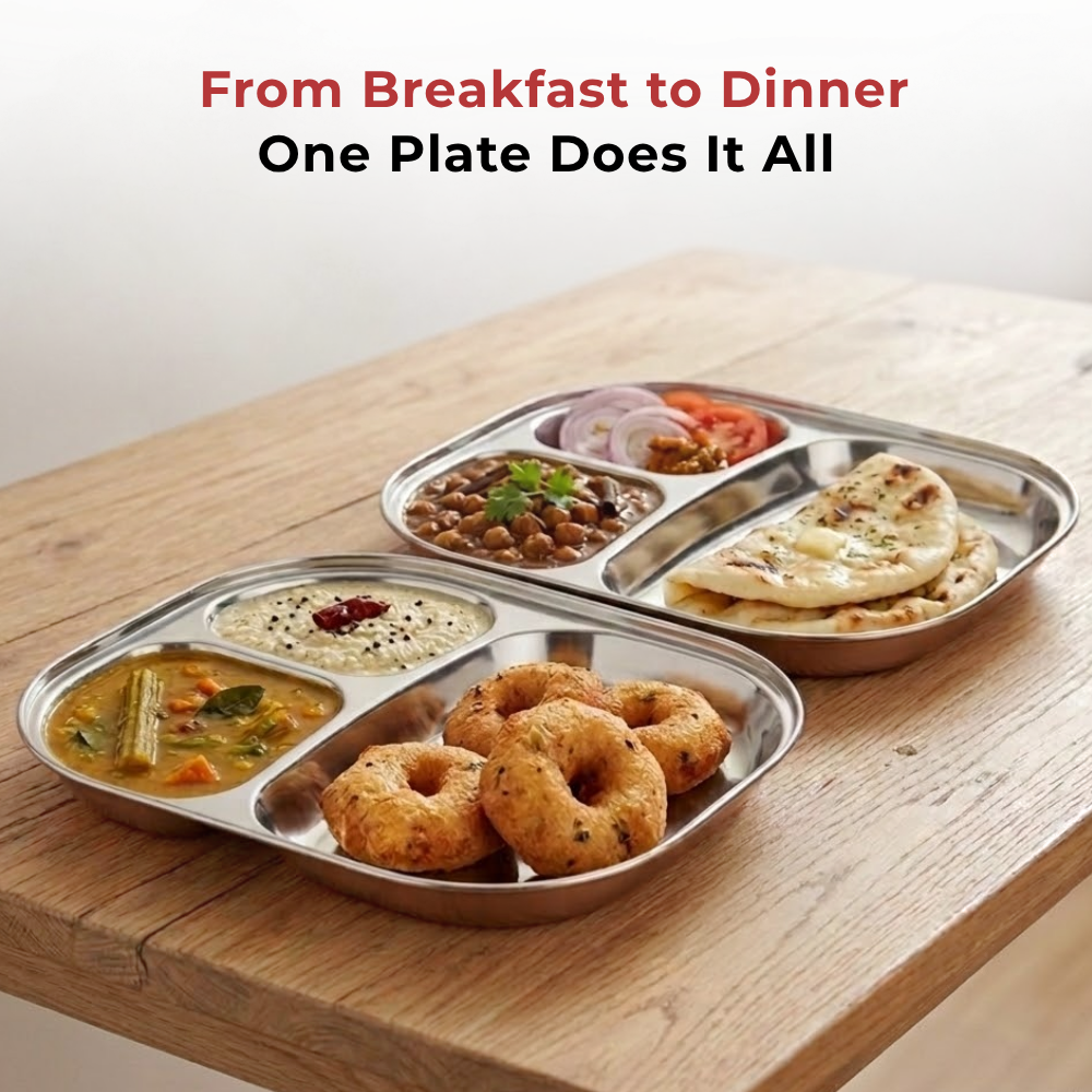 Vinod stainless steel 3 compartment plate with round edges, lunch / dinner plate [pack of 2], product view 10