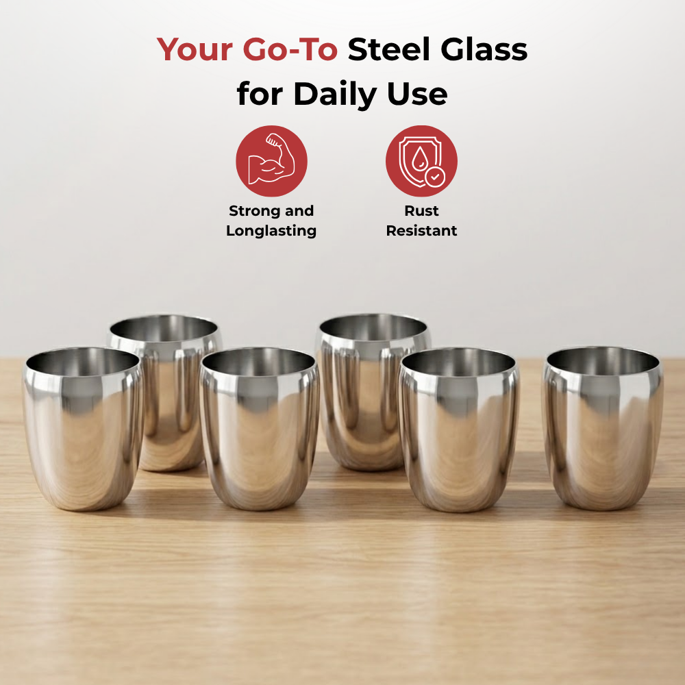 विनोद स्टेनलेस स्टील मैंगो ग्लास - एक बॉक्स में छह ग्लास (300 मिली)