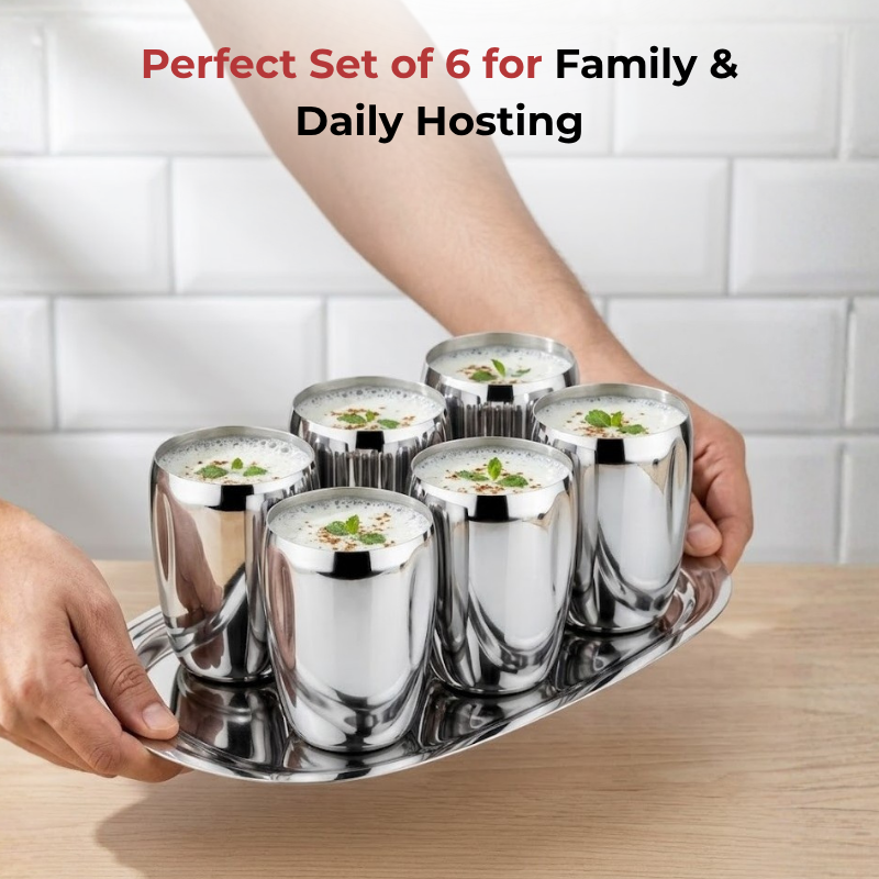 VINOD Stainless Steel Mango Glass Set of 6 - 300 ml with Highest Grade Steel, Mirror Finish, Rust Free, Strong and Tough, Dishwasher Safe