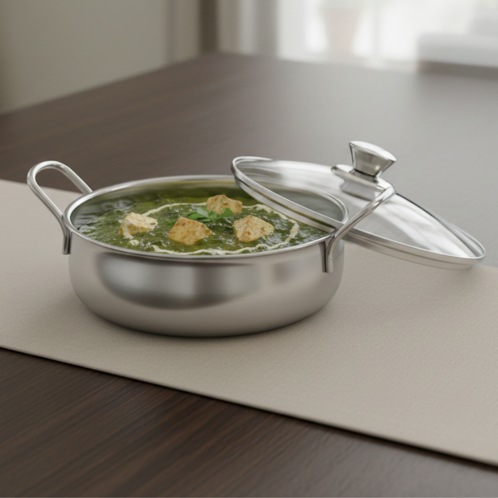 Vinod Stainless Steel Elite Bowl with Glass Lid & Side Handles, with lid