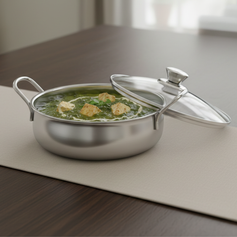 Vinod Stainless Steel Elite Bowl with Glass Lid & Side Handles, with lid