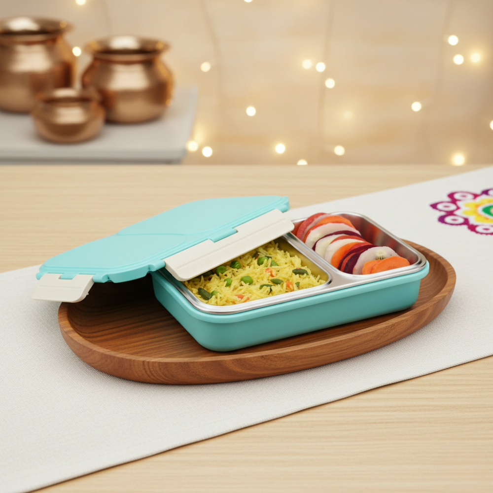 विनोद स्टेनलेस स्टील 2 कम्पार्टमेंट लीक-प्रूफ लंच बॉक्स वैक्यूम सीलबंद टिफिन बॉक्स ऑफिस, बच्चों और वयस्कों के लिए फ्रीजर सेफ बेंटो बॉक्स एयरटाइट कंटेनर, सेफ्टी लॉक के साथ इंसुलेटेड, नीला