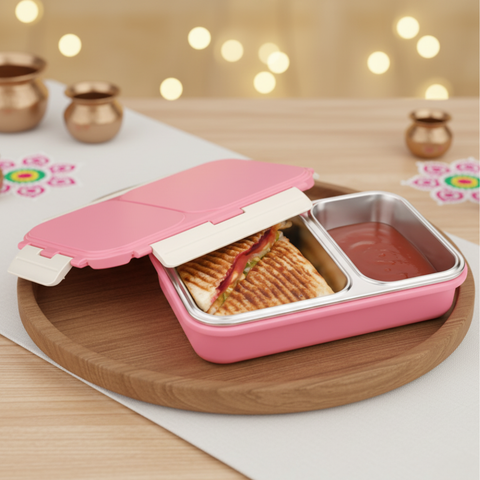 Vinod Stainless Steel 2 Compartment Leak-Proof Lunch Box Vacuum Sealed Tiffin Box for Office, Kids & Adults Freezer Safe Bento Box Airtight Container, Insulated with Safety Lock, Pink