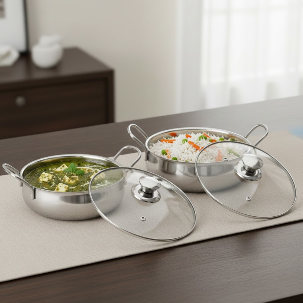 Vinod Stainless Steel Elite Bowl 2 Pcs Set with Glass Lid & Side Handles, front view