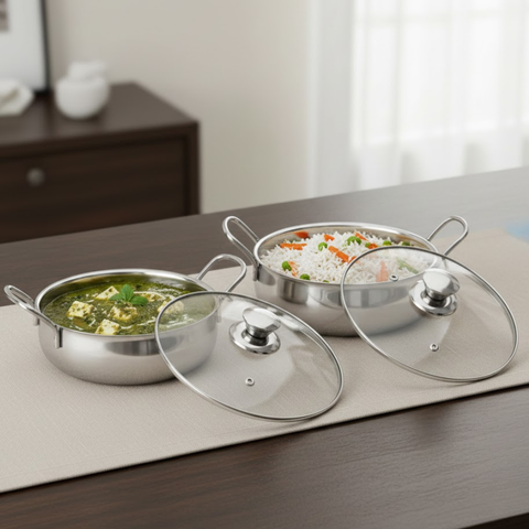 Vinod Stainless Steel Elite Bowl 2 Pcs Set with Glass Lid & Side Handles, front view