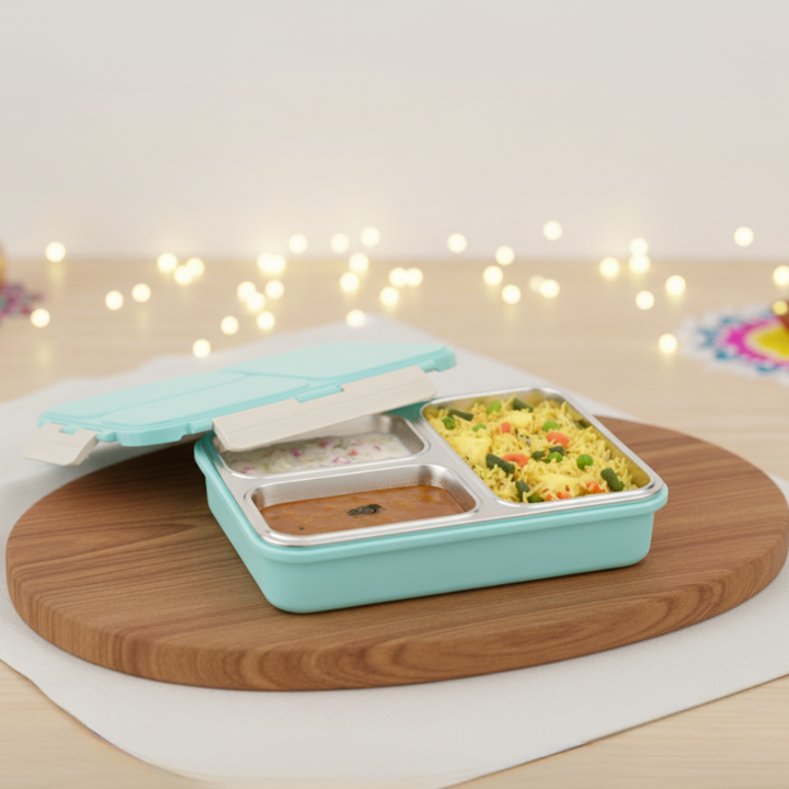 Vinod Stainless Steel 3 Compartment Leak-Proof Lunch Box Vacuum Sealed Tiffin Box for Office, Kids & Adults Freezer Safe Bento Box Airtight Container, Insulated with Safety Lock, Blue