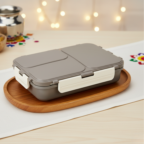 Vinod Stainless Steel 3 Compartment Leak-Proof Lunch Box Vacuum Sealed Tiffin Box for Office, Kids & Adults Freezer Safe Bento Box Airtight Container, Insulated with Safety Lock, Grey