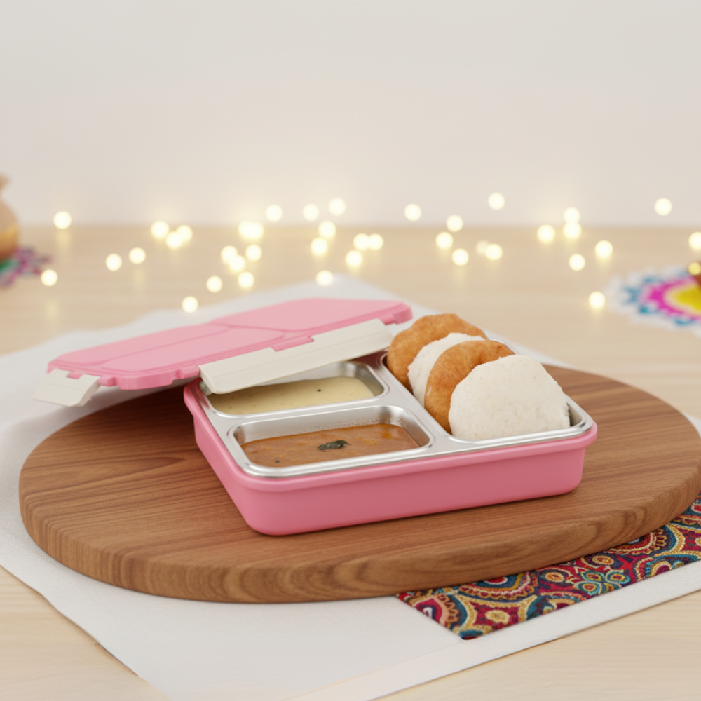 Vinod Stainless Steel 3 Compartment Leak-Proof Lunch Box Vacuum Sealed Tiffin Box for Office, Kids & Adults Freezer Safe Bento Box Airtight Container, Insulated with Safety Lock, Pink