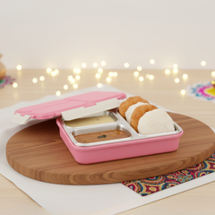 VINOD Stainless Steel Tiffin 3 Compartment Pink, Airtight Silicone-Sealed Lid, Insulated, Food-Grade Steel, Secure Side Clips