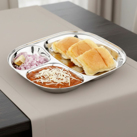 Vinod stainless steel 3 compartment plate with round edges, lunch / dinner plate [pack of 2], front view