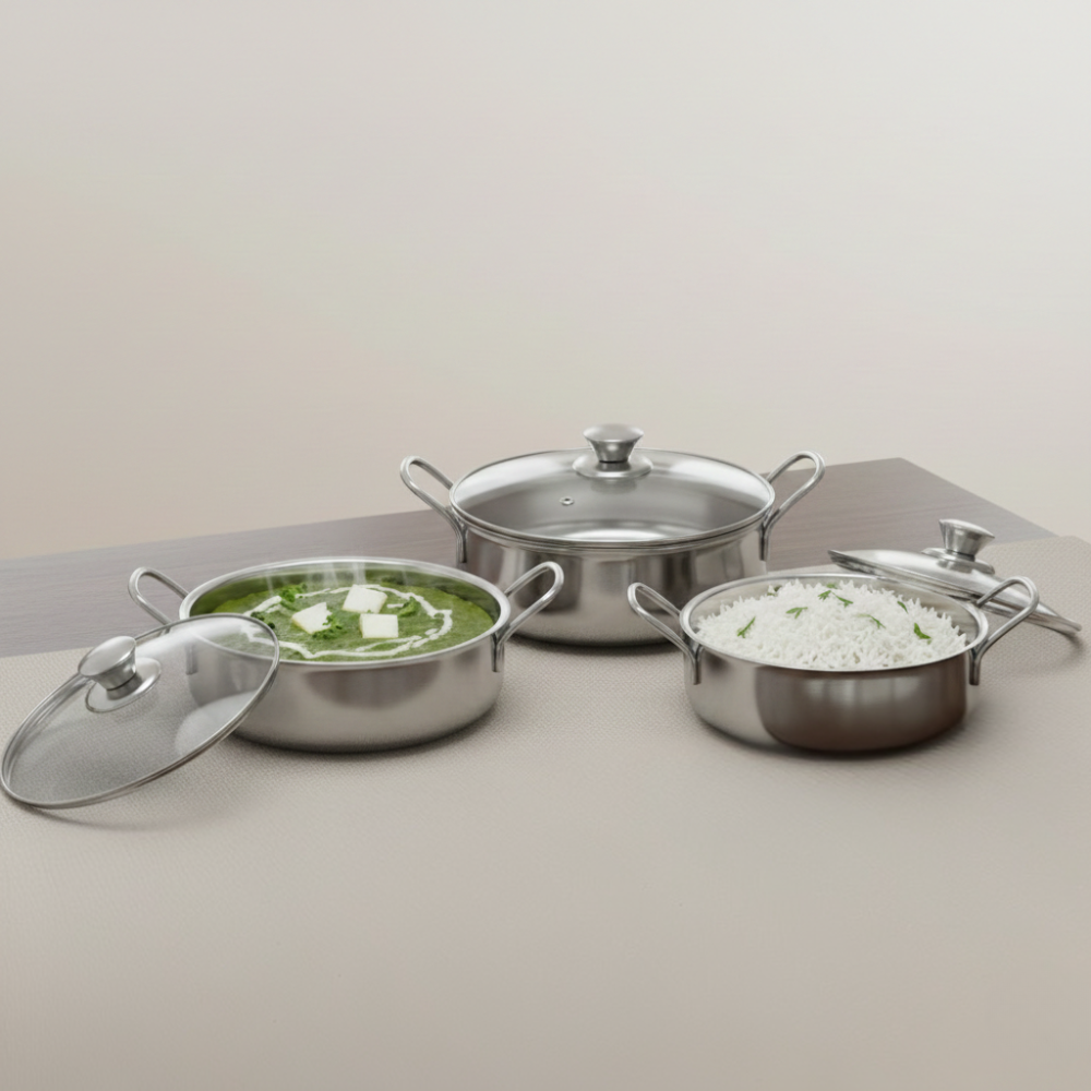 Vinod Stainless Steel 3 Pcs Elite Bowl with Glass Lid