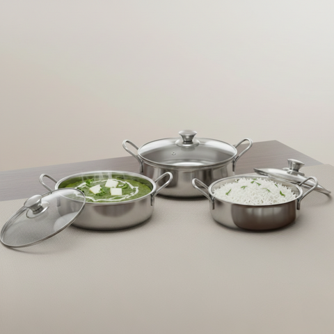 Vinod stainless steel Elite bowl 3 pcs set with glass lids & side handles, with lid