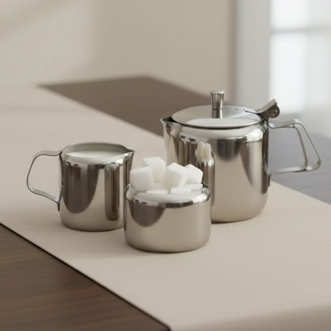 Vinod Stainless Steel 3 Pieces Mini Tea Set - 350 ml Tea Pot, 170 ml Milk Pot & 170 ml Sugar Pot, front view