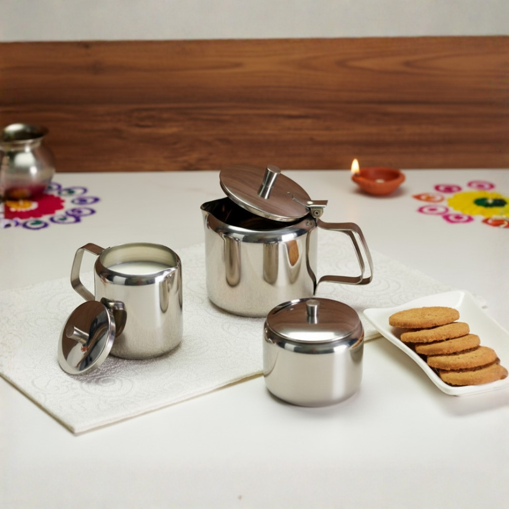 Vinod Stainless Steel 3 Piece Medium Tea Pot Set & 1 Tea Pot 750 ml, 1 Milk Pot 250 ml & 1 Sugar Pot 250 ml