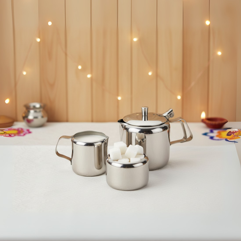 Vinod Stainless Steel 3 Piece Large Tea Pot Set – 1 Tea Pot 1000 ml, 1 Milk Pot 250 ml & 1 Sugar Pot 250 ml