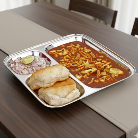 Vinod stainless steel 3 compartment pav bhaji plate with square edges, pack of 2, front view