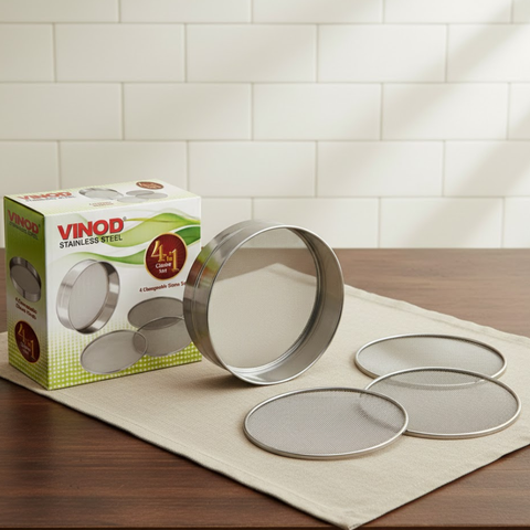Vinod Stainless Steel 4 in 1 Chalni Set for Flour, front view
