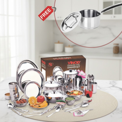 विनोद स्टेनलेस स्टील 51 पीस डिनर सेट, छह लोगों के लिए (दो बॉक्स में) मुफ़्त डोनिव मैजेस्टिक सैंडविच बॉटम 14 सेमी सॉस पैन के साथ, कीमत 847 रुपये