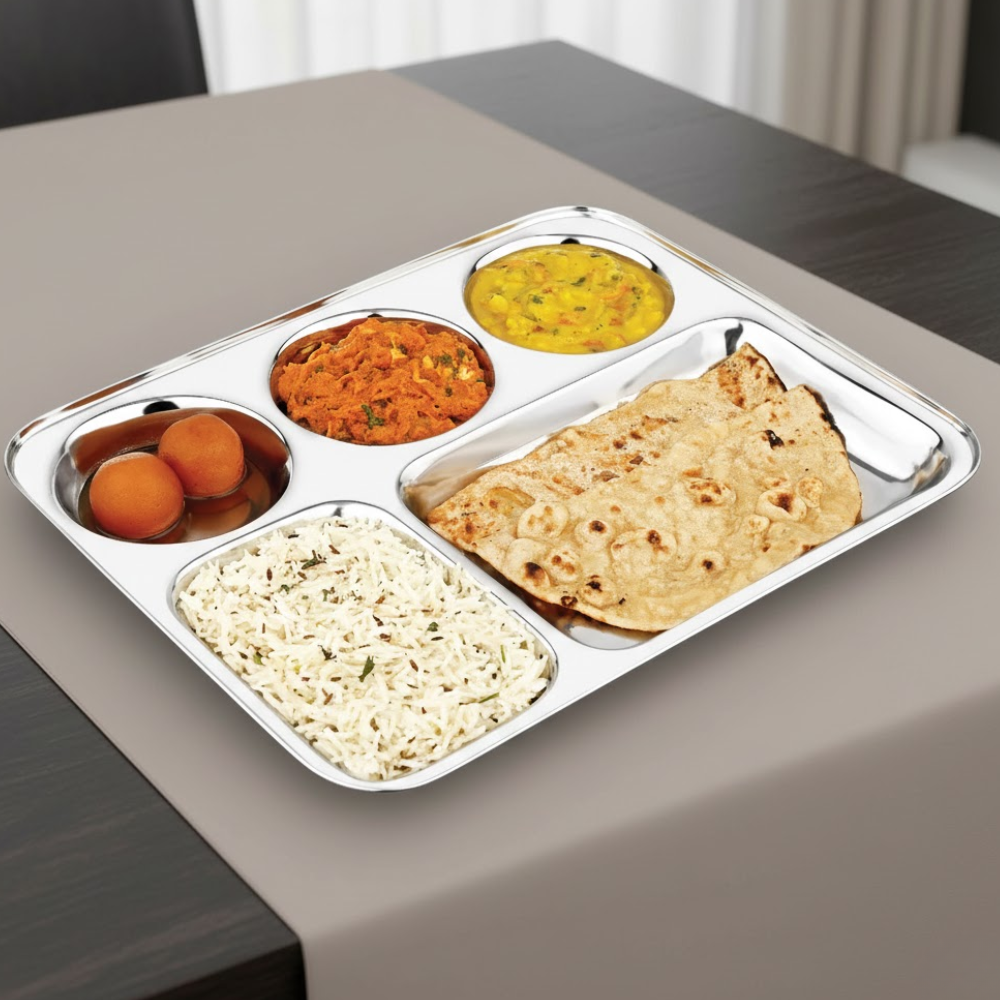 Vinod stainless steel 5 compartment plate with round edges, rust free [pack of 2], front view