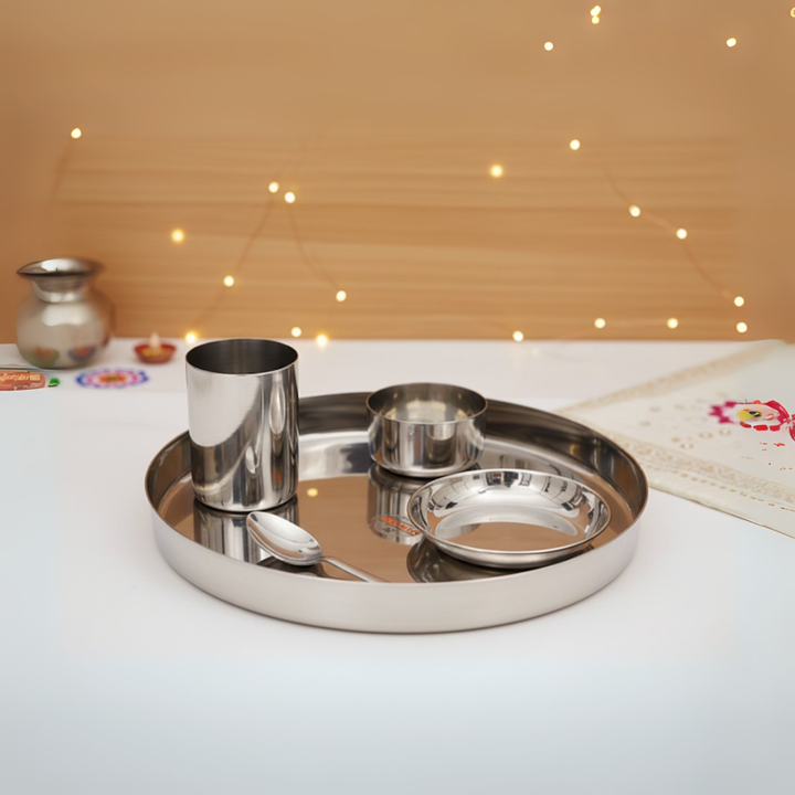 Vinod Stainless Steel 5 Pcs Traditional Thali Set with Halwa Plate