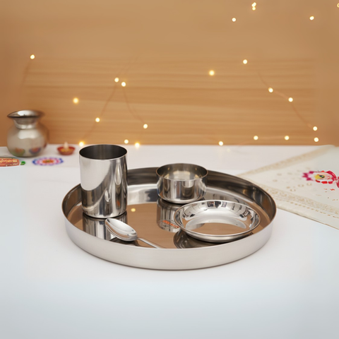 Vinod Stainless Steel 5 Pcs Traditional Thali Set with Halwa Plate