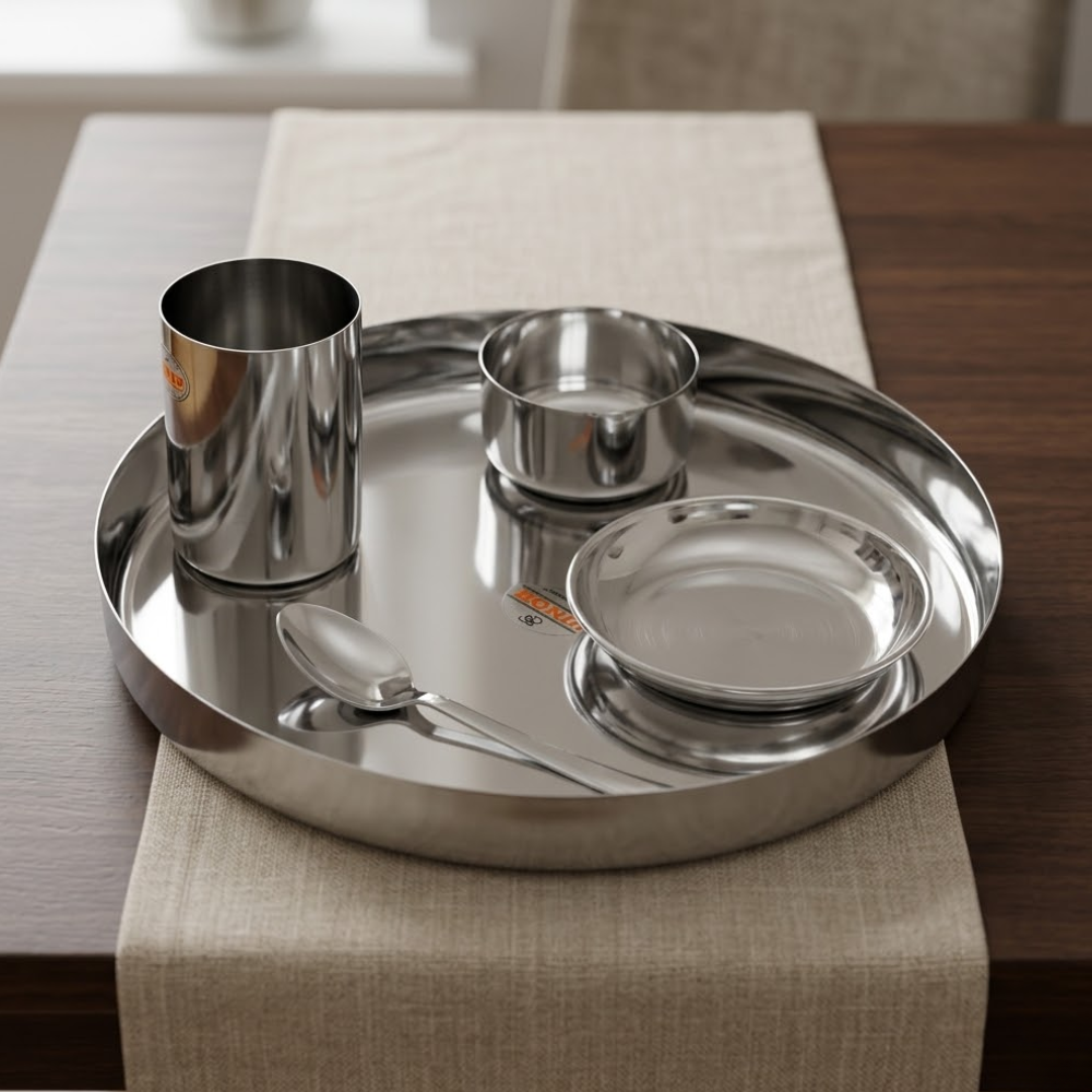 Vinod stainless steel 5 pcs traditional thali set with halwa plate, full set group shot