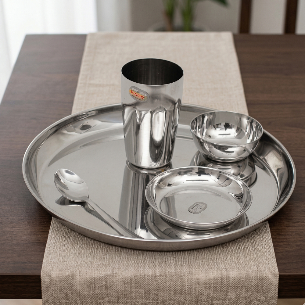 Vinod stainless steel 5 pcs trendy thali set with halwa plate, full set group shot