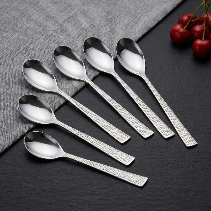 विनोद स्टेनलेस स्टील 6 पीस हैमर्ड फ़िनिश सर्विंग स्पून कटलरी सेट, जंग रहित, मिरर पॉलिश, प्रीमियम डिनर स्पून, टेबलवेयर, सिल्वर